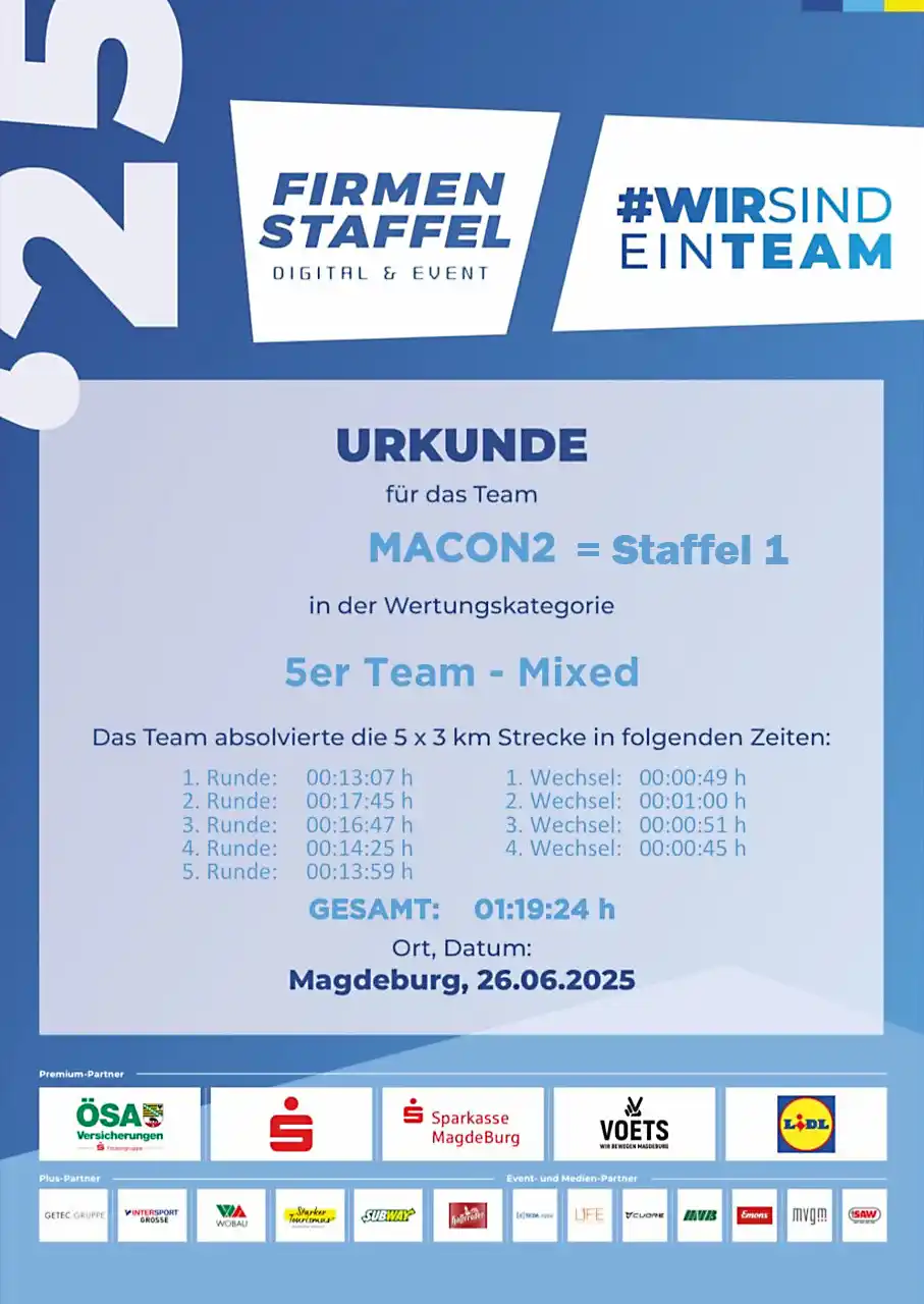 Urkunde für die MACON Bau GmbH für die erste Staffel im Jahr 2025